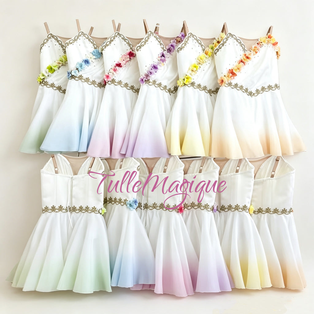 Professional ballet costume in gradient colors with  3D flower decoration for Cupid variation or Spring Waters. Green, blue, pink, yellow, peach etc. multiple color options.