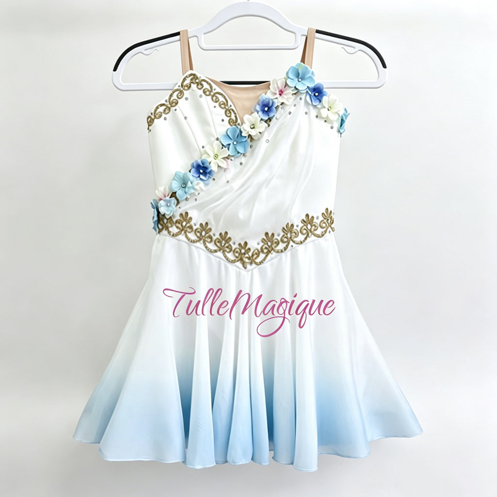 Greek style cupid ballet costume in blue gradient color with gold trims and 3D flower decorations and professional ballet costume