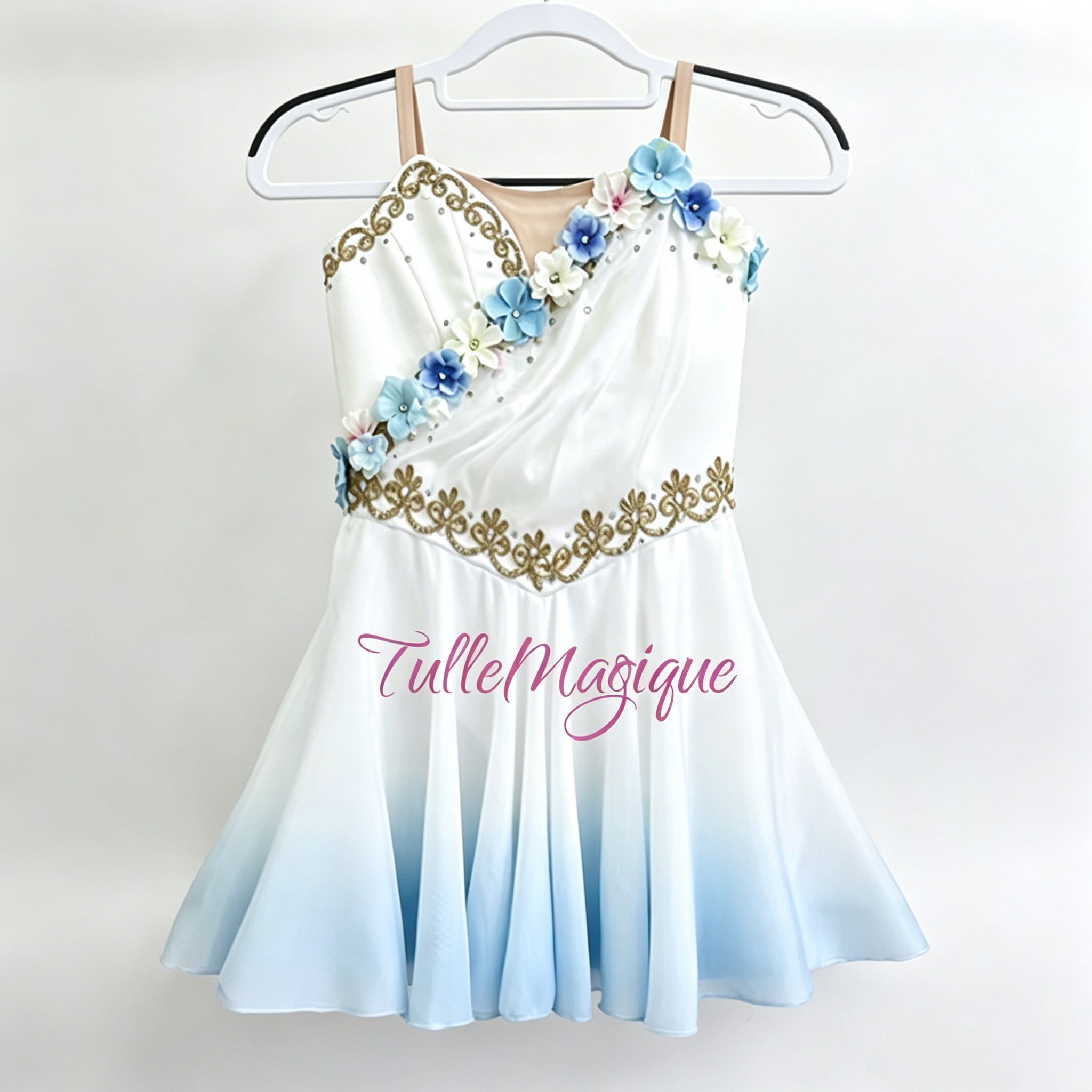 Greek style cupid ballet costume in blue gradient color with gold trims and 3D flower decorations and professional ballet costume
