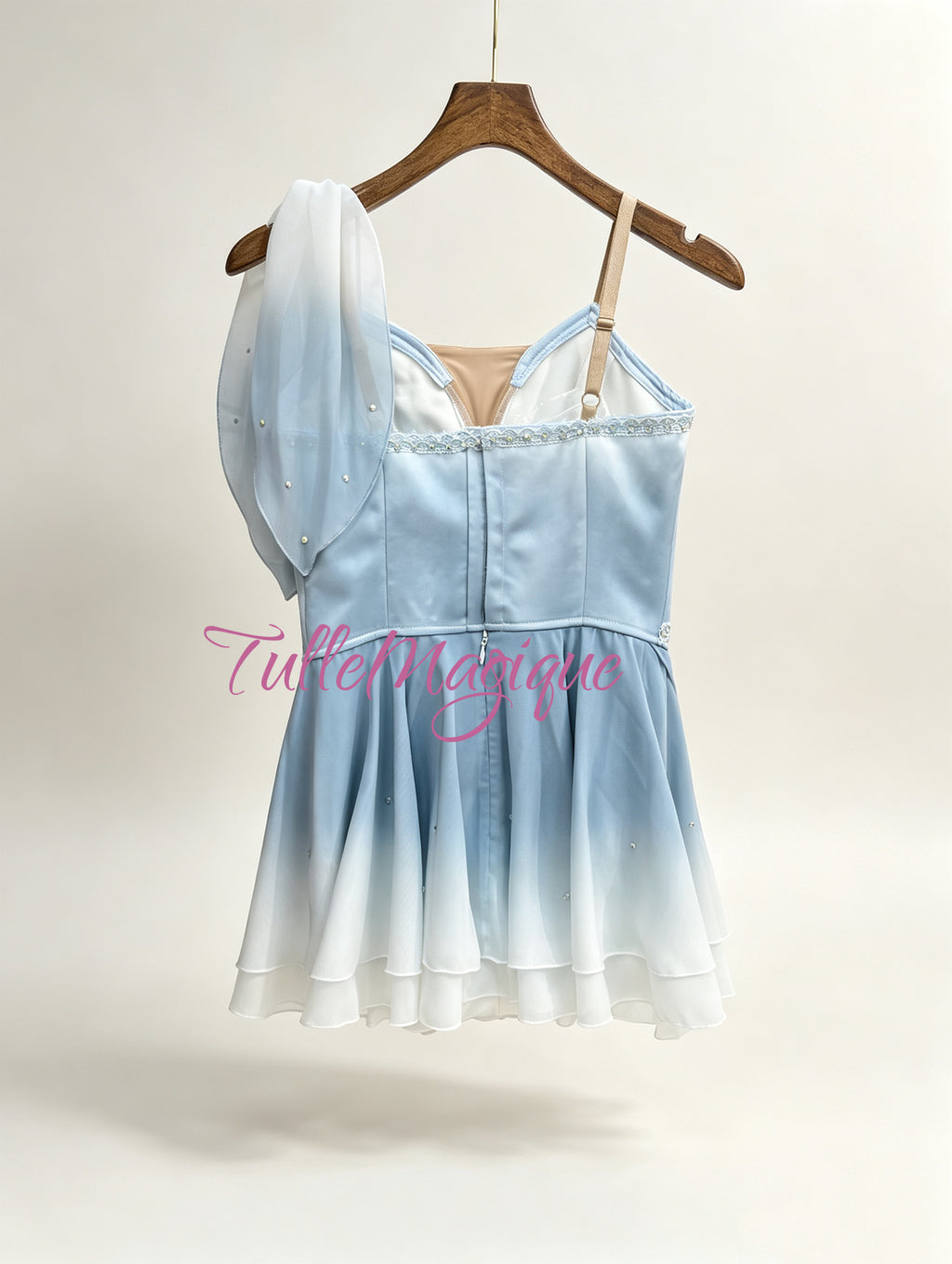 Blue gradient Cupid ballet costume with hooks and eyes closer on the back for professional ballet competition 