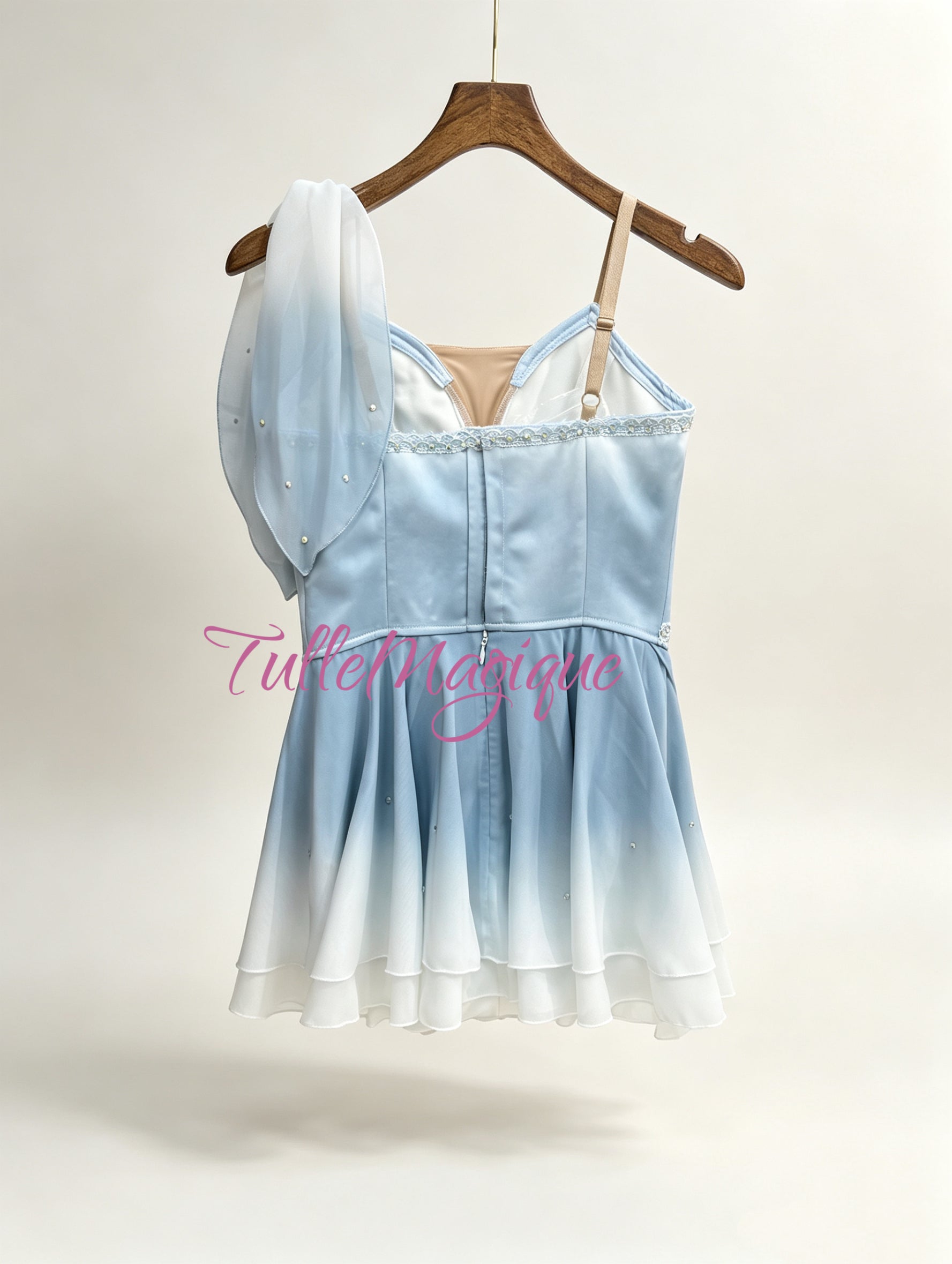 Blue gradient Cupid ballet costume with hooks and eyes closer on the back for professional ballet competition 
