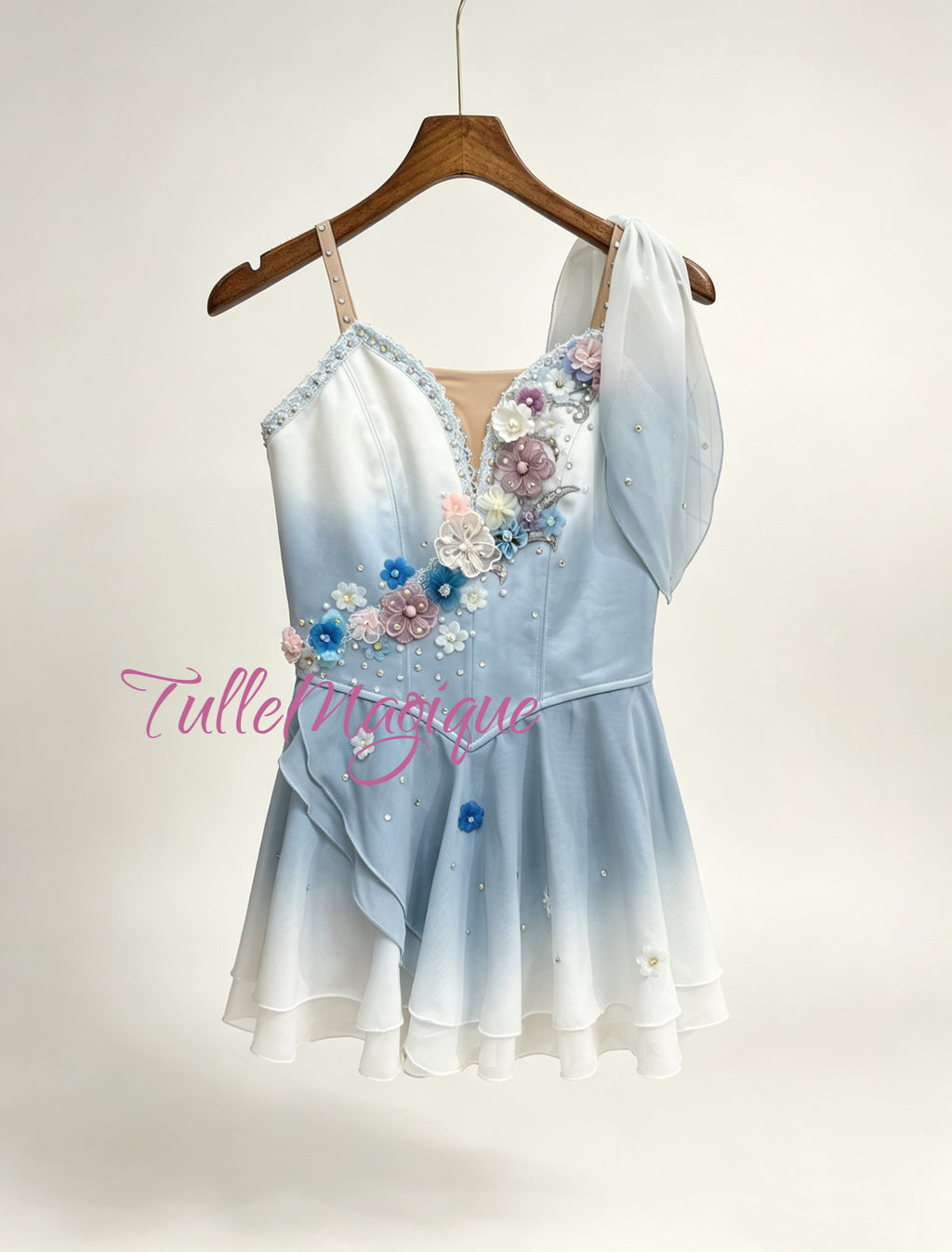 Professional ballet costume for Cupid in blue ombré color with 3D flowers decoration cross in the front 