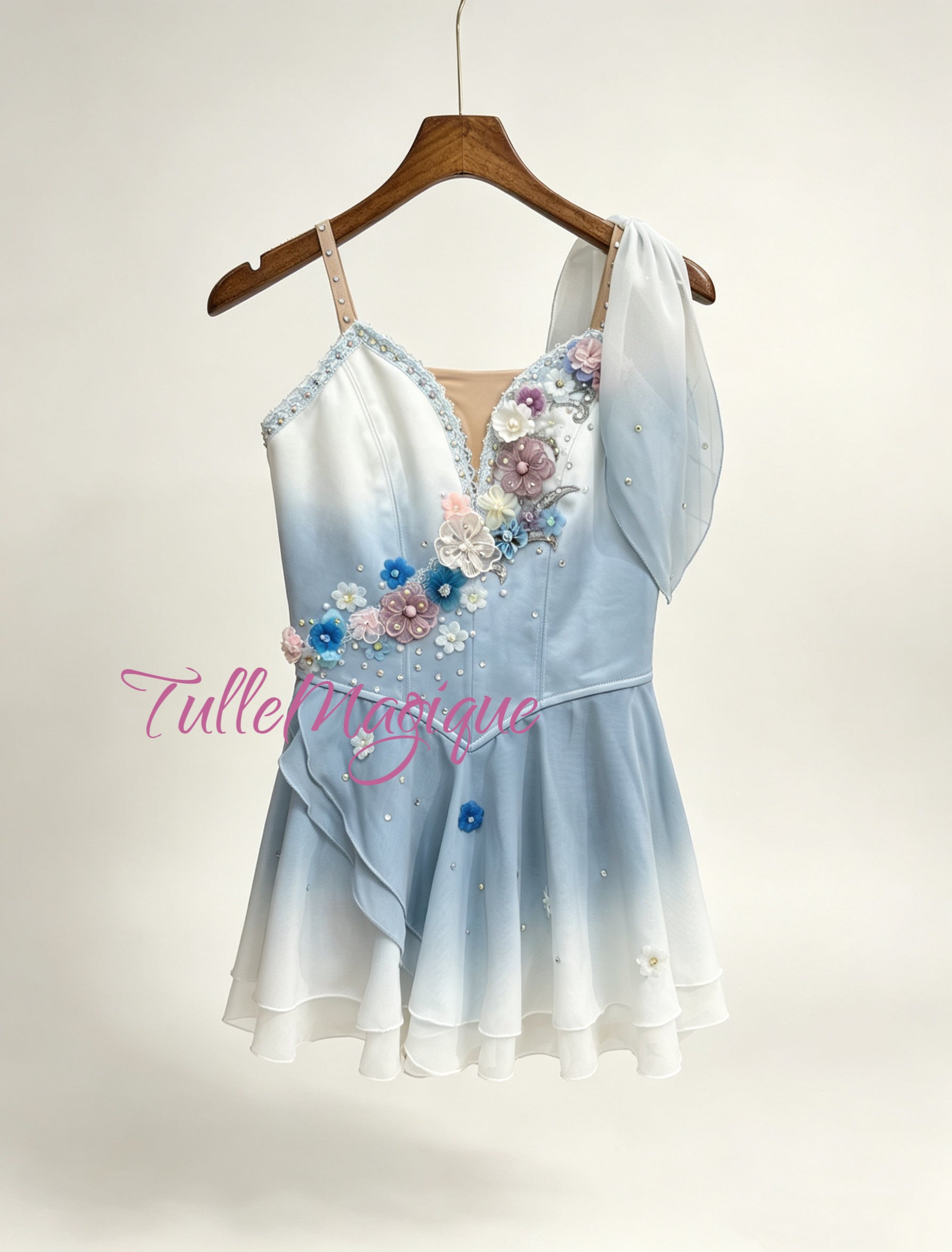 Professional ballet costume for Cupid in blue ombré color with 3D flowers decoration cross in the front 