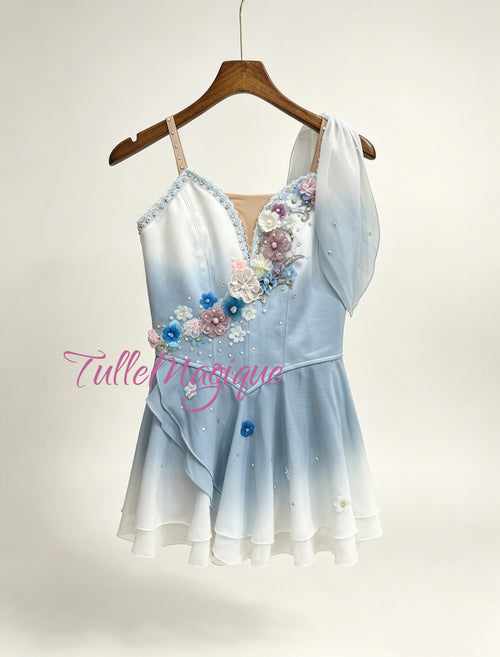 Professional ballet costume for Cupid in blue ombré color with 3D flowers decoration cross in the front 