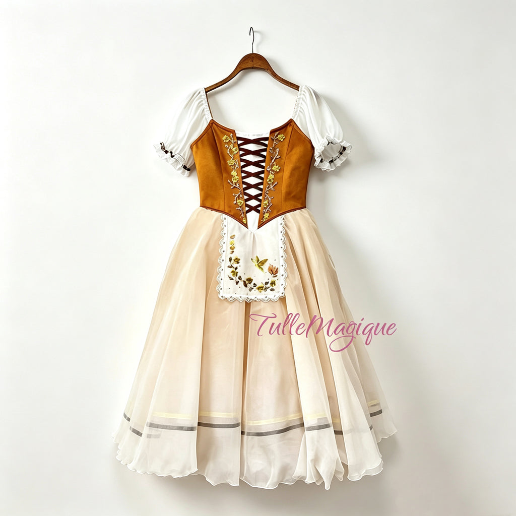 A professional competition level ballet romantic tutu costume wiht a carame color and brown ribbon criss cross and flower embroidery in front of chest and apron. fit for sawanhilda, gissle etc. that a typical peasant style ballet tutu costume needed roles. 