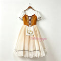 A professional competition level ballet romantic tutu costume wiht a carame color and brown ribbon criss cross and flower embroidery in front of chest and apron. fit for sawanhilda, gissle etc. that a typical peasant style ballet tutu costume needed roles. 