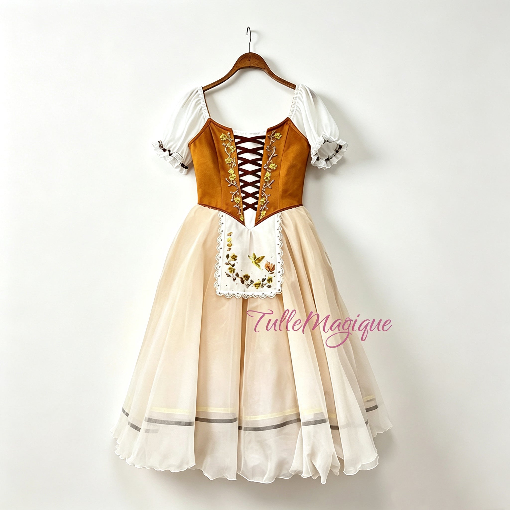 A professional competition level ballet romantic tutu costume wiht a carame color and brown ribbon criss cross and flower embroidery in front of chest and apron. fit for sawanhilda, gissle etc. that a typical peasant style ballet tutu costume needed roles. 