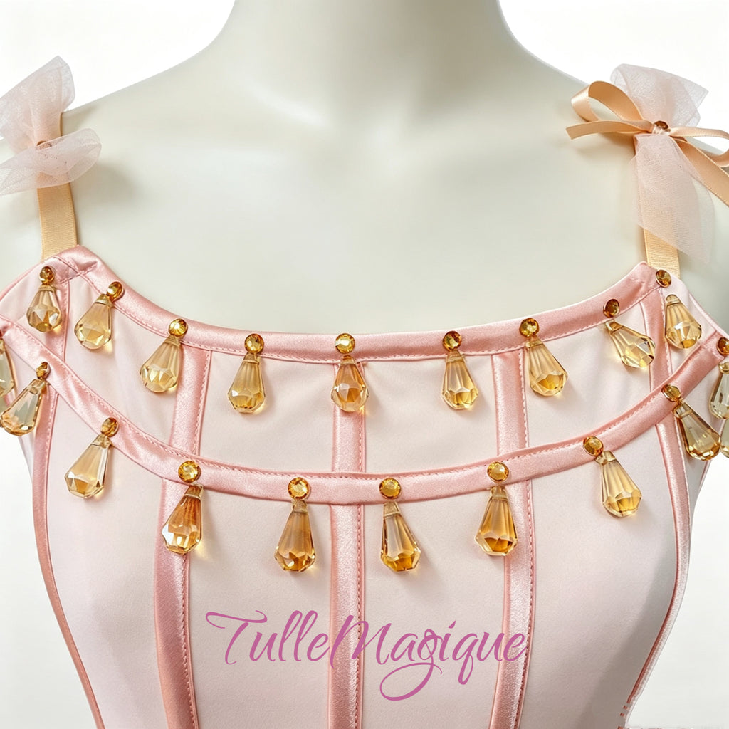 Champagne Peach costume hanging Amber  teardrop crystals dew drop ballet costume 