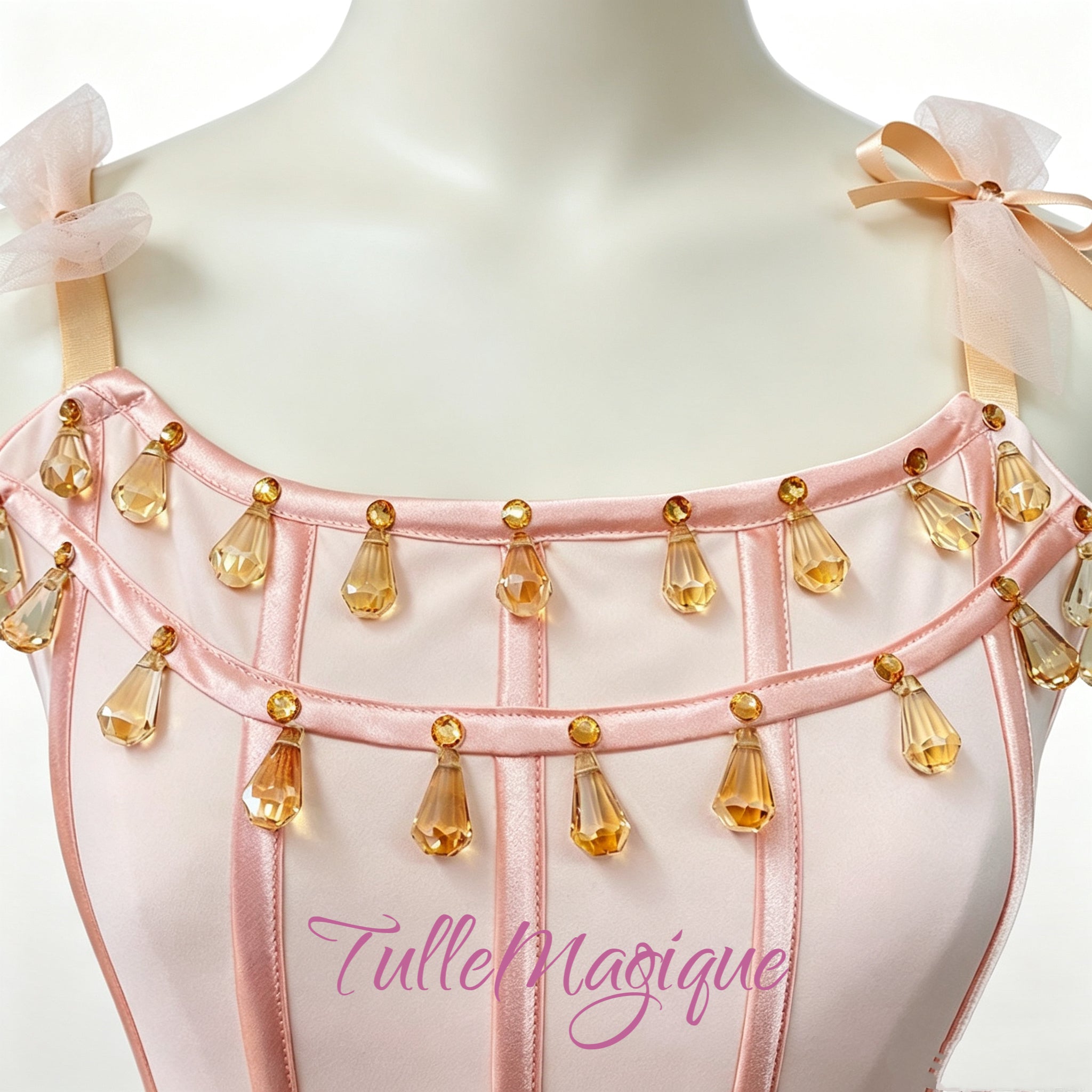 Champagne Peach costume hanging Amber  teardrop crystals dew drop ballet costume 
