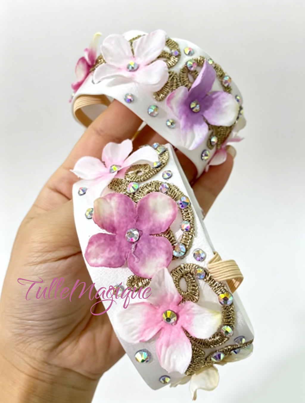 Cupid ballet costume arm bands with gold appliqués and 3D flowers 