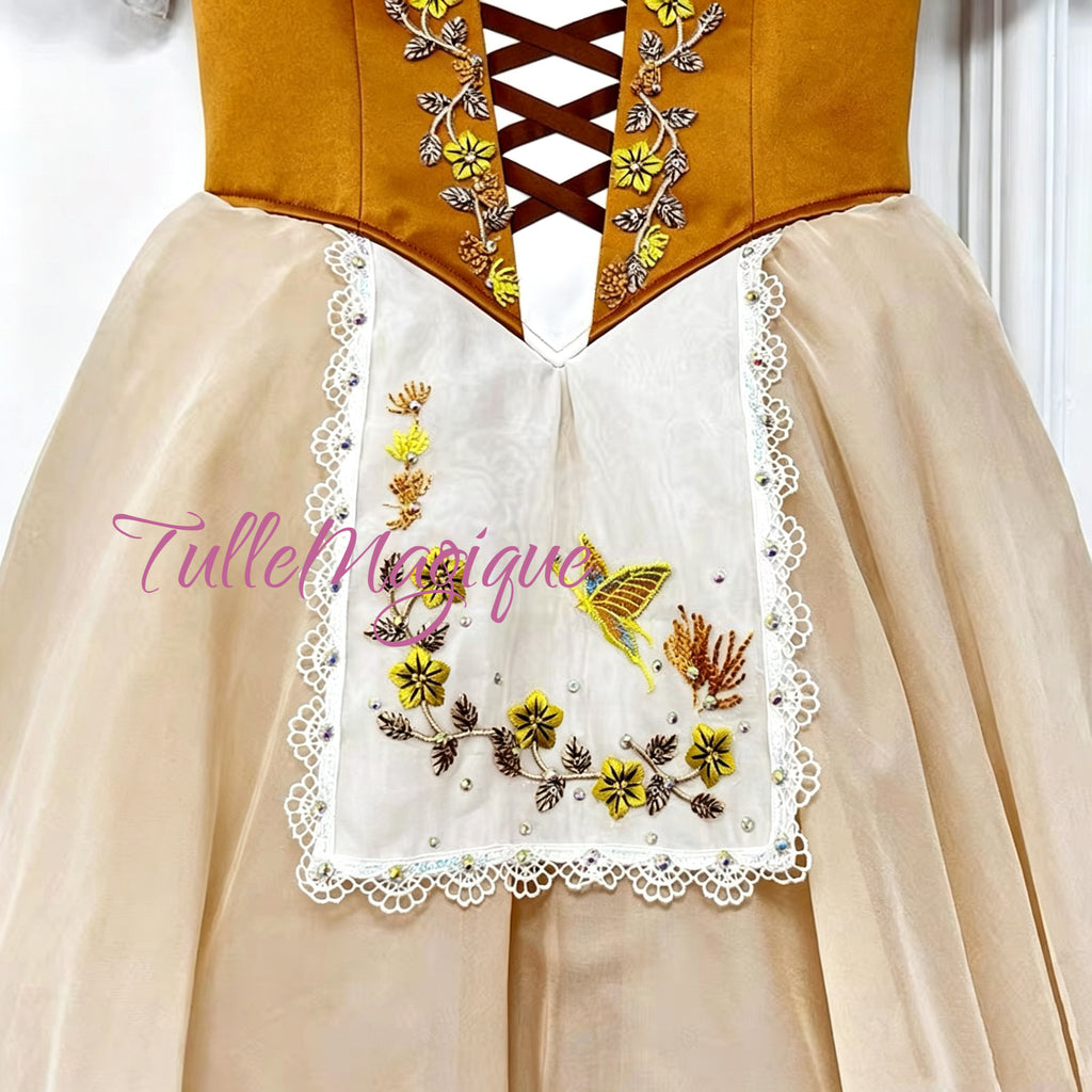 Giselle costume with apron delicate yellow flower  and butterfly embroidery. Village style peasant tutu costume.