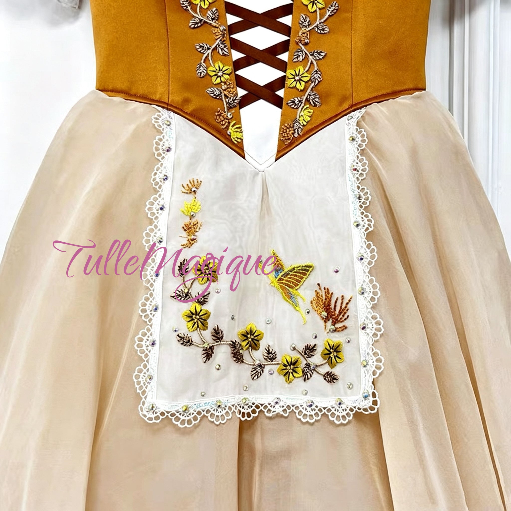 Giselle costume with apron delicate yellow flower  and butterfly embroidery. Village style peasant tutu costume.