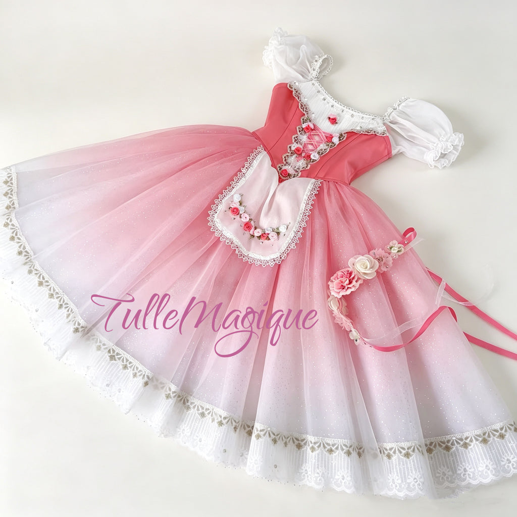 Giselle Peasant Pas de Deux Ballet Costume - Pink & White Gradient Romantic Tutu with Ribbon Corset, Lace Puff Sleeves & Matching Flower bun wrap.