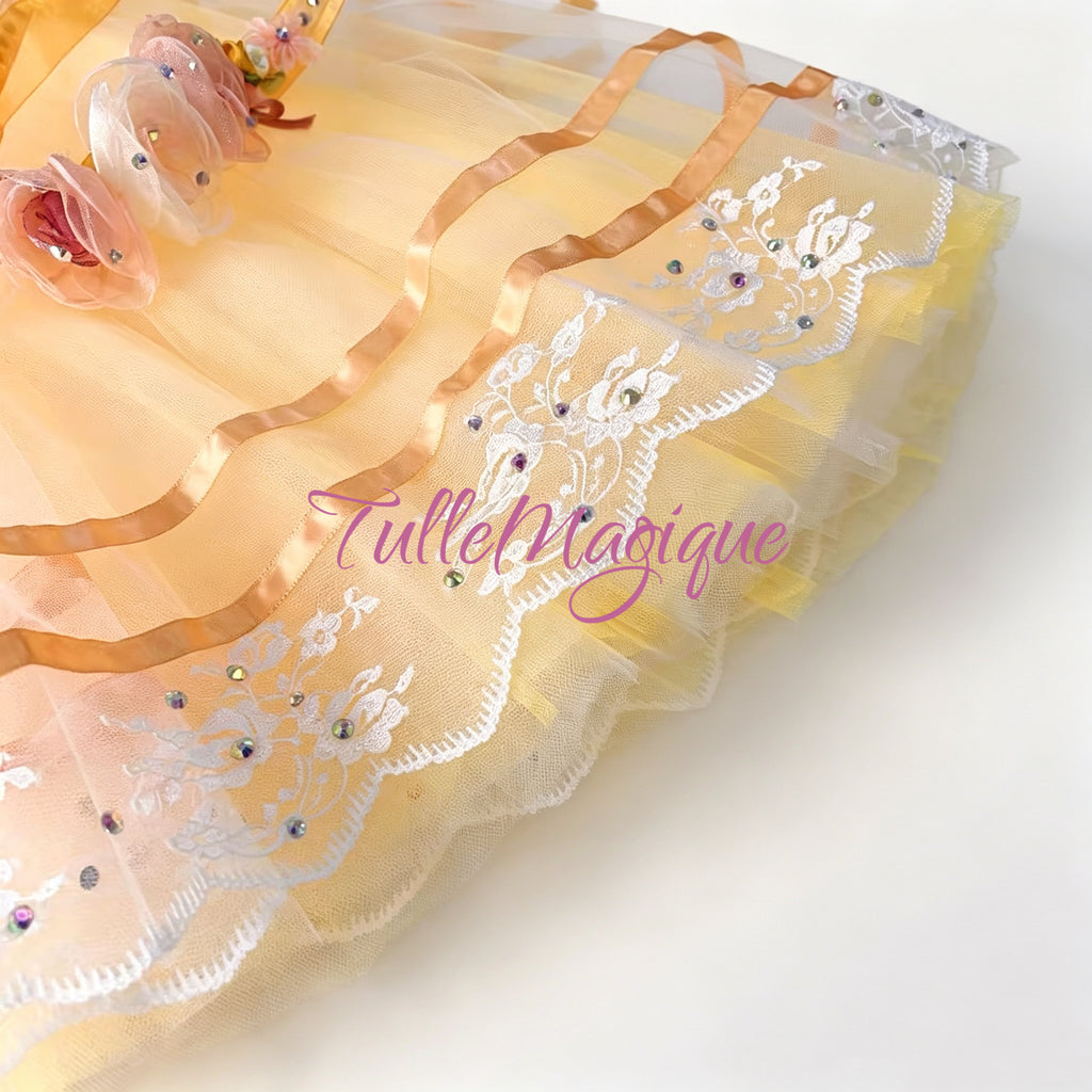 Giseller tutu skirt with peach ribbons and white lace decoration with rhinestons