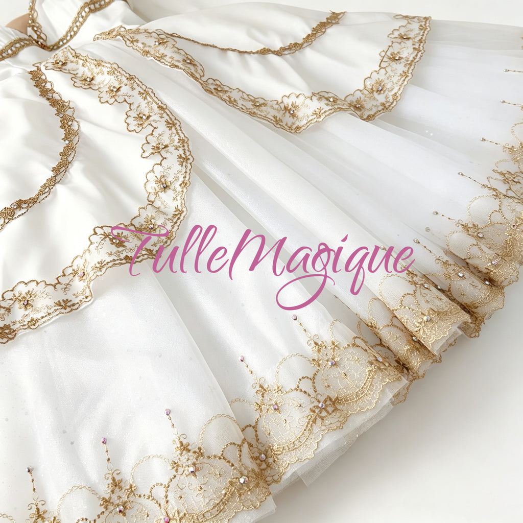 A versatile luxury white and gold ballet stage wear suitable for Hebe in The Awakening of Flora, beautifully detailed with gold scalloped borders.