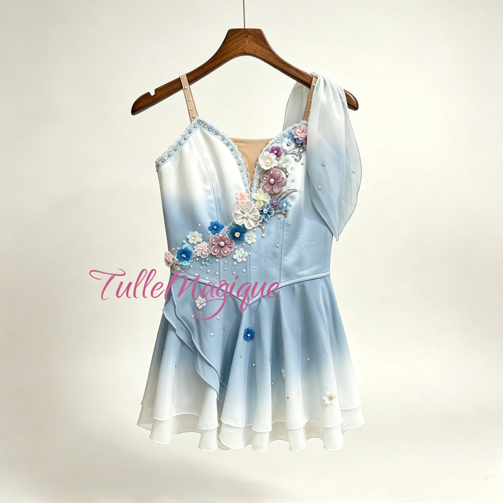Professional Cupid Ballet costume with Pink purple flowers across the chest in ombre blue color. 