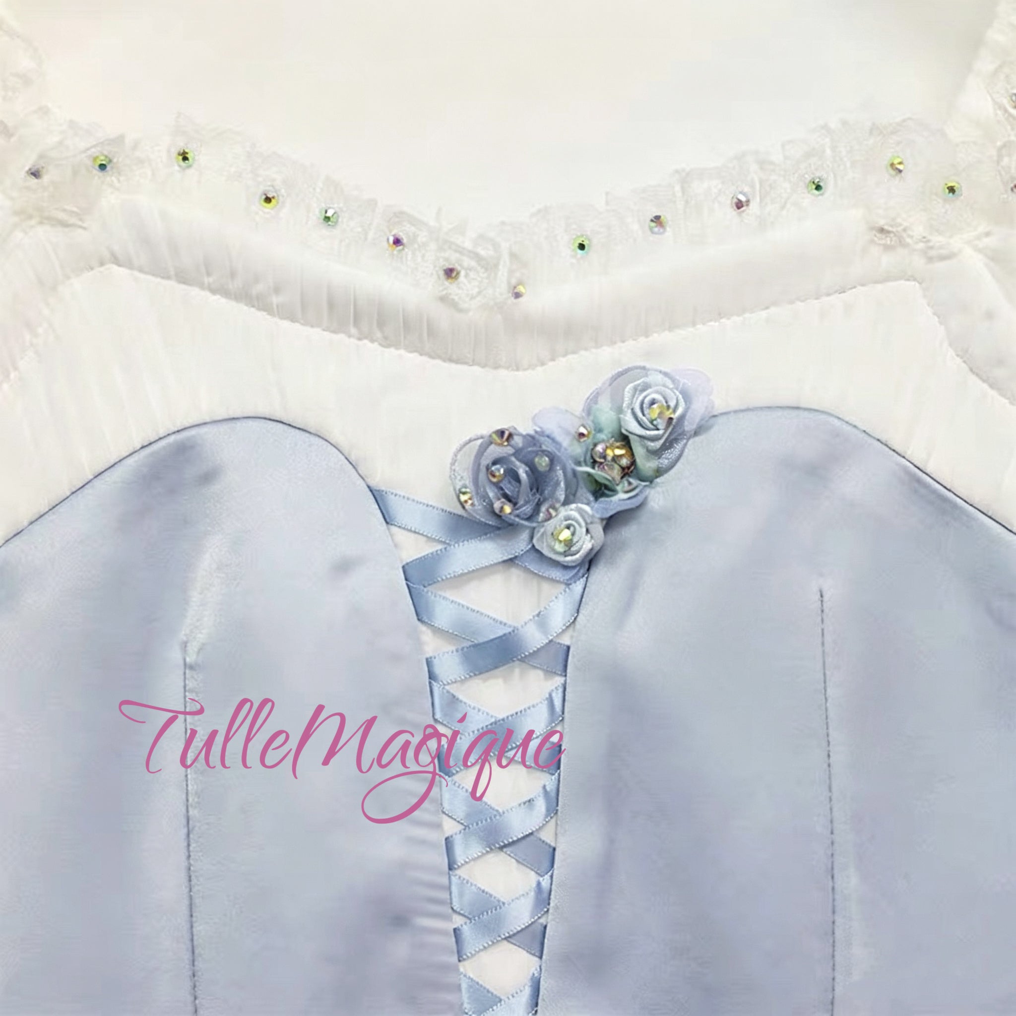 Light gray blue gisell ballet costume heart shape neck line corset with 3D flowers and shining rhinestons.