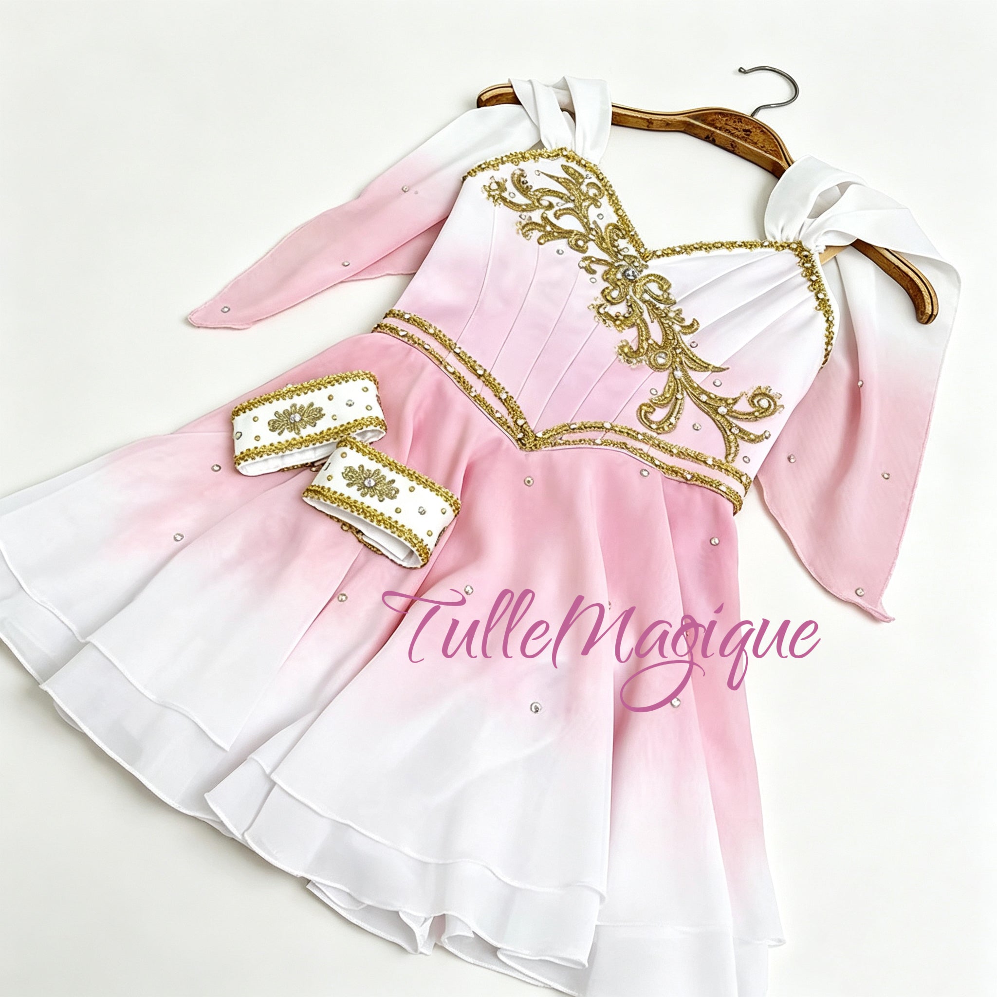 Professional Grecian Chiton style ballet costume with gold embroidery, perfect for lyrical and contemporary ballet variations of Cupid or Talisman in YAGP and other ballet competitions.