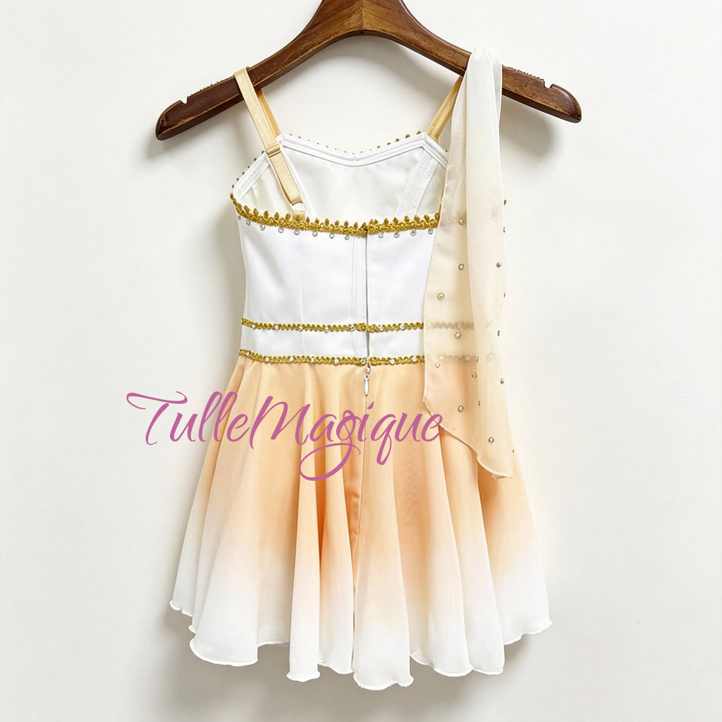 White and peach dress with gold accents for ballet Cupid variation or Talisman variation. 