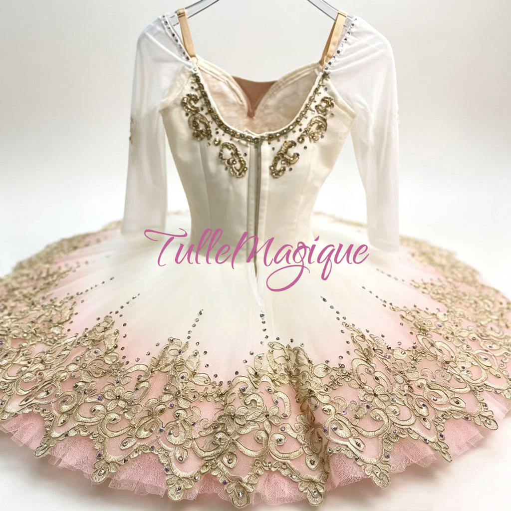 Professional Dulcinea ballet tutu for Don Quixote Dream Scene, features ombre pink tulle pancake skirt, exquisite gold embroidery, and sheer long sleeves for YAGP competition.