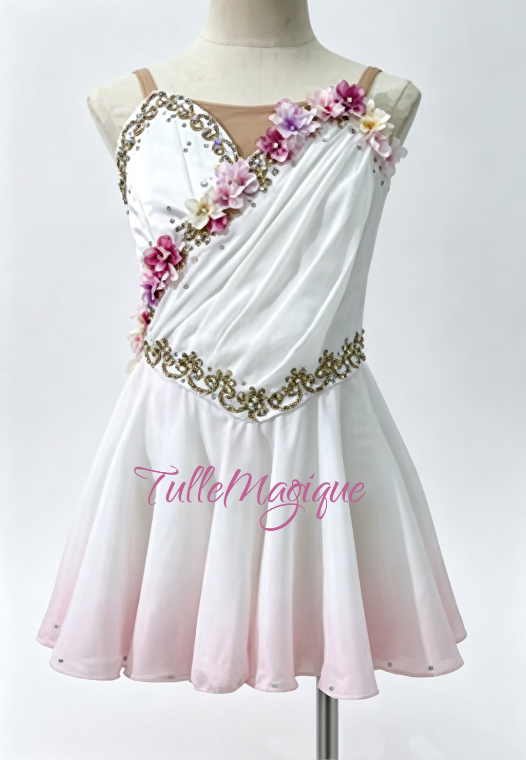 Professional custom made Cupid ballet costume in white to pink ombré color with 3 D flower decorations can be used in YAGP ballet completion for talisman or Cupid variation or Don Quixote ballet 