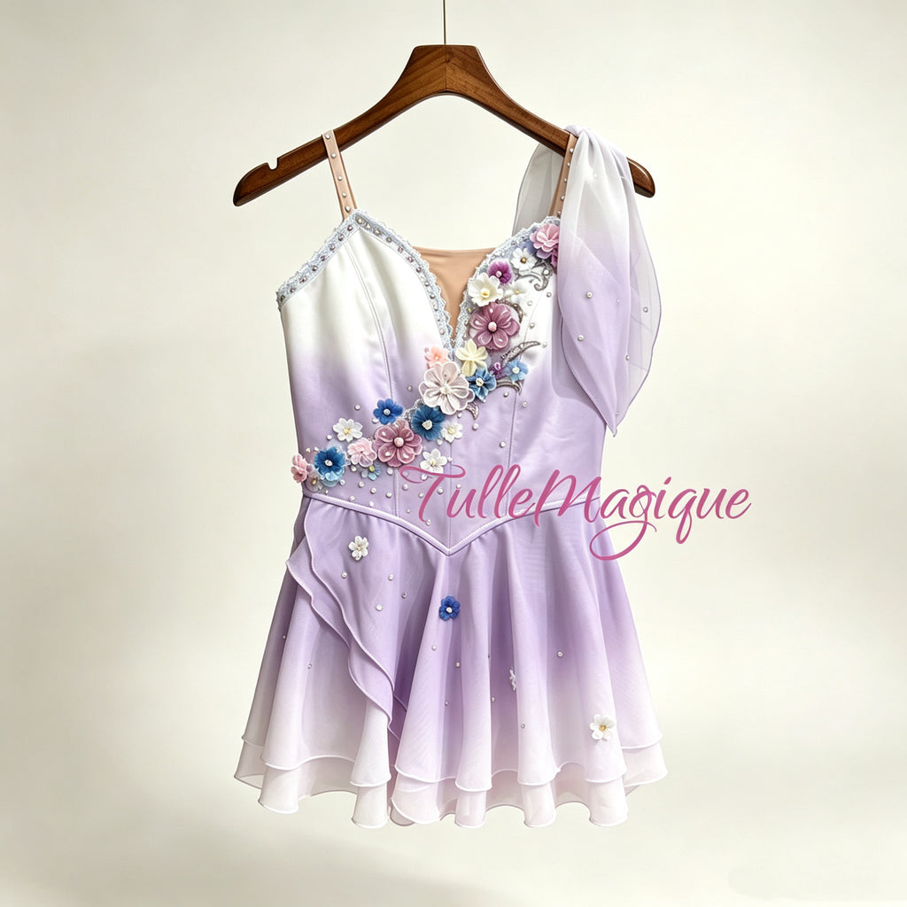 Professional cupid ballet costume in purple gradient color with 3D flower decration that can be used as dew drop in the nutcracker as well.