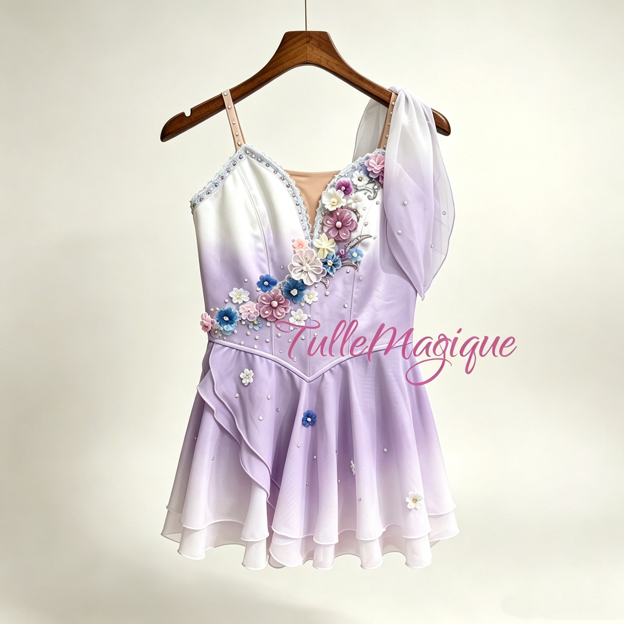 Professional cupid ballet costume in purple gradient color with 3D flower decration that can be used as dew drop in the nutcracker as well.