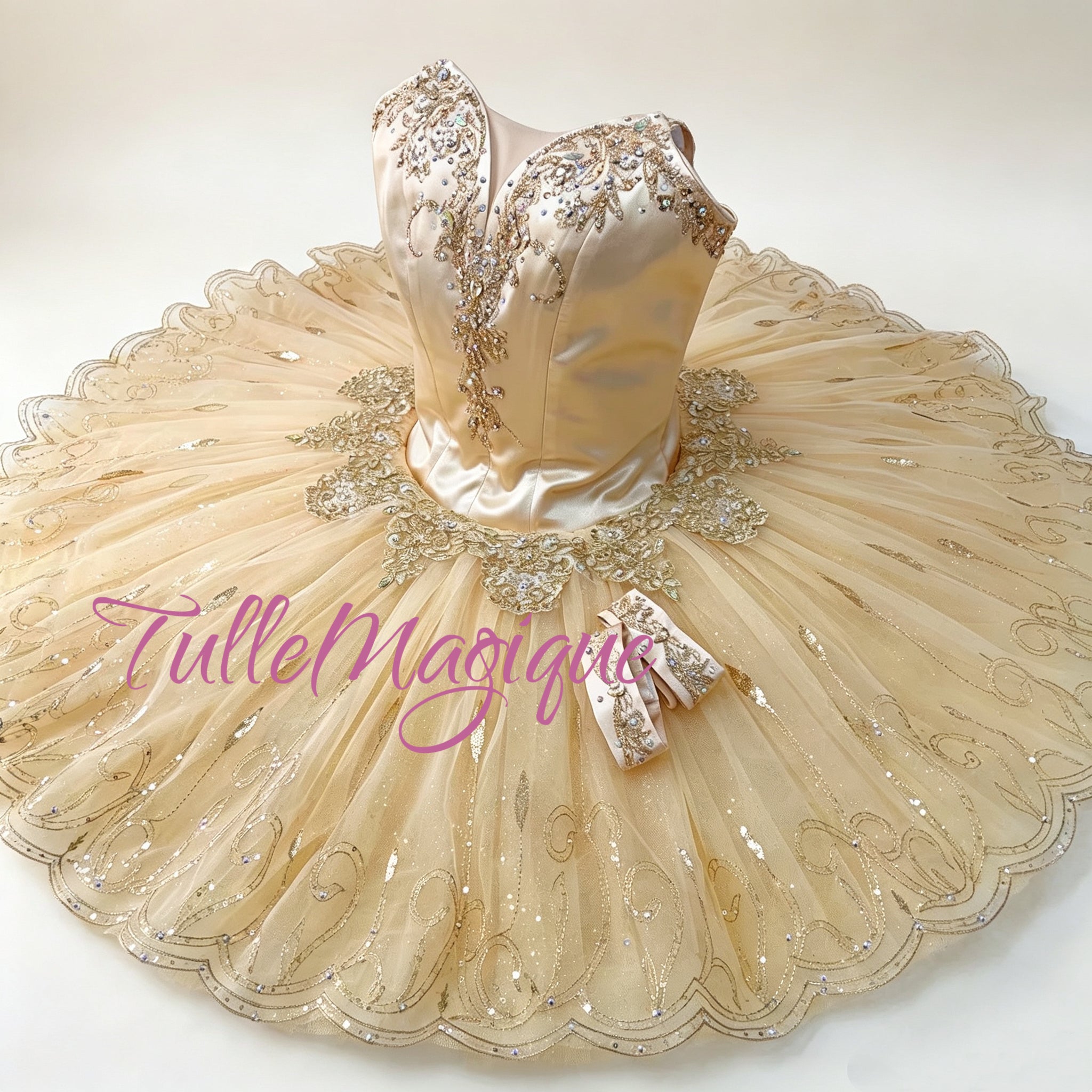 luxurious champagne tones with intricate gold-thread embroidery and shimmering crystal accents. It is the definitive choice for role of raymonda.