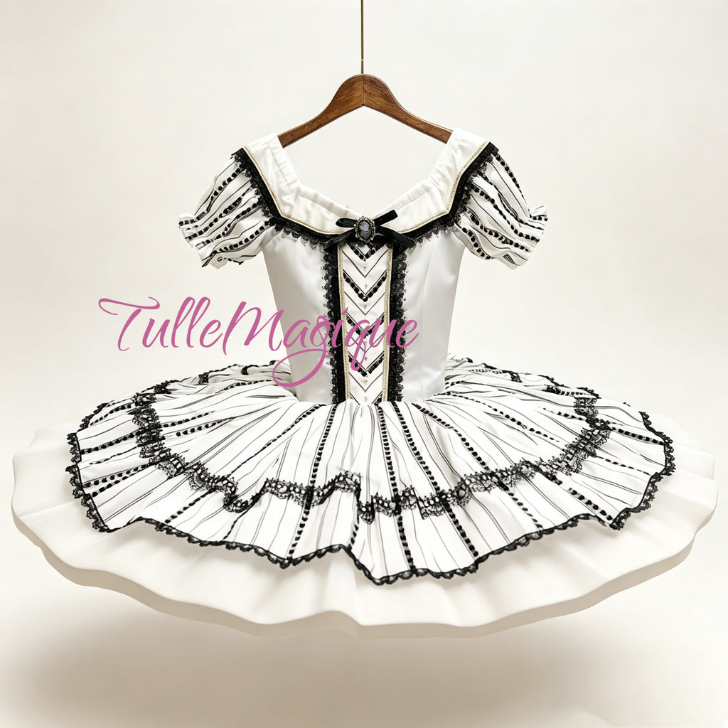 Professional classical ballet tutu for Mirlitons Reed Flutes variation or The Fairy Doll, featuring Shepherdess and French pastoral toy style with white and black stripes, puff sleeves, and lace details.