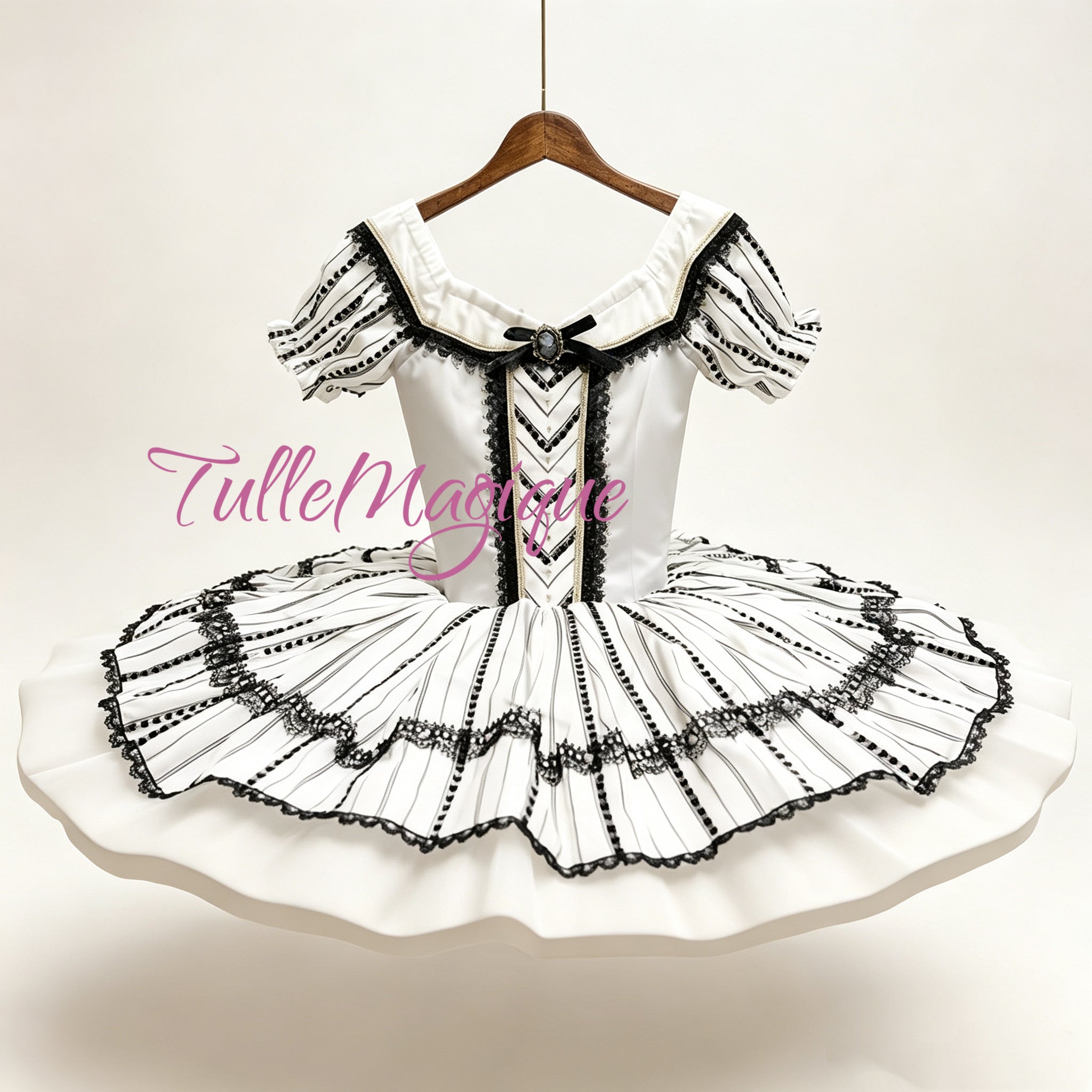 Professional classical ballet tutu for Mirlitons Reed Flutes variation or The Fairy Doll, featuring Shepherdess and French pastoral toy style with white and black stripes, puff sleeves, and lace details.