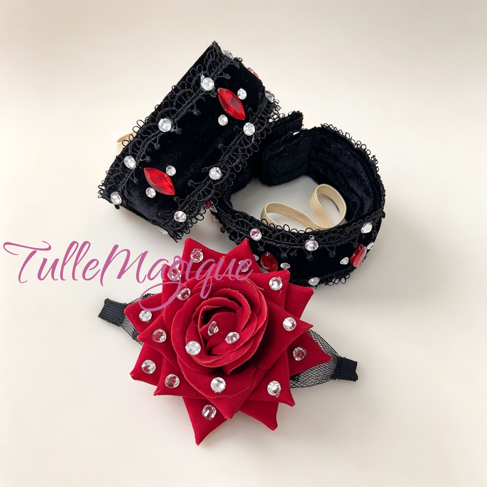Black arm bands wiht red gem for spanish dance ballet costume and red rose hair  headpiece.