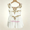 White Talisman (Niriti Variation) ballet costume in professional competition level wiht hooks and eyes closre on the back, gold appliques and pink purple jewles gem 