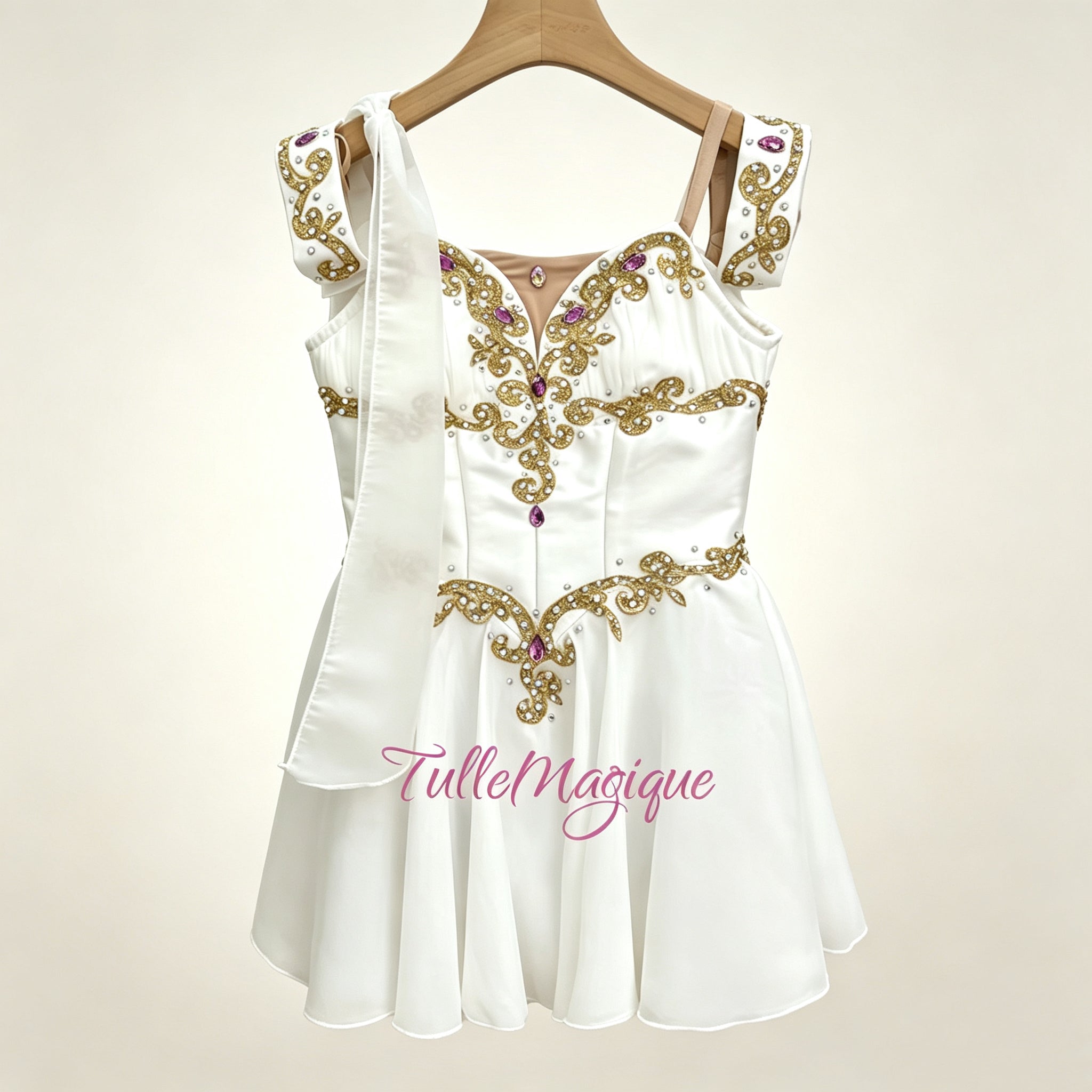 White Talisman (Niriti Variation) ballet costume in professional competition level wiht hooks and eyes closre on the back, gold appliques and pink purple jewles gem 