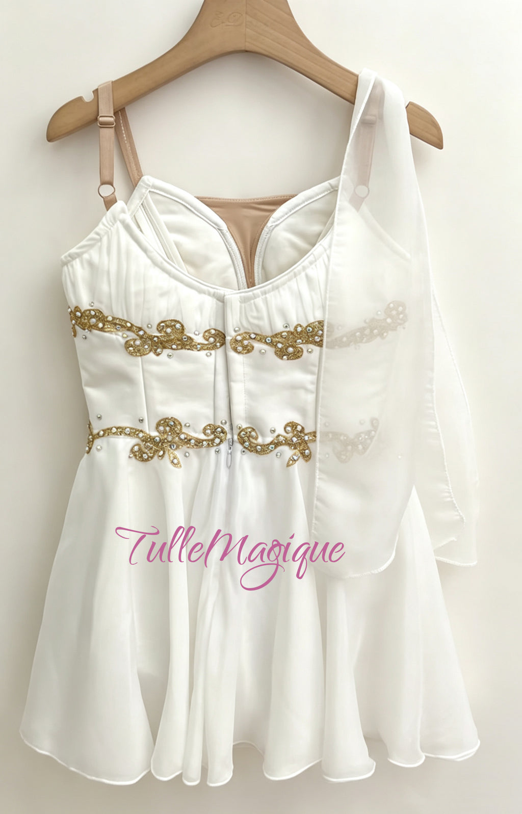 White professional level ballet costume for Cupid with hooks and eyes on the back 