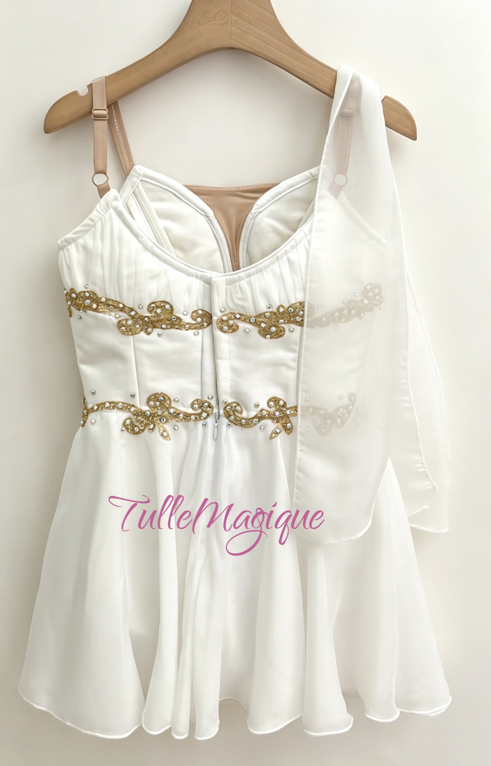White professional level ballet costume for Cupid with hooks and eyes on the back 