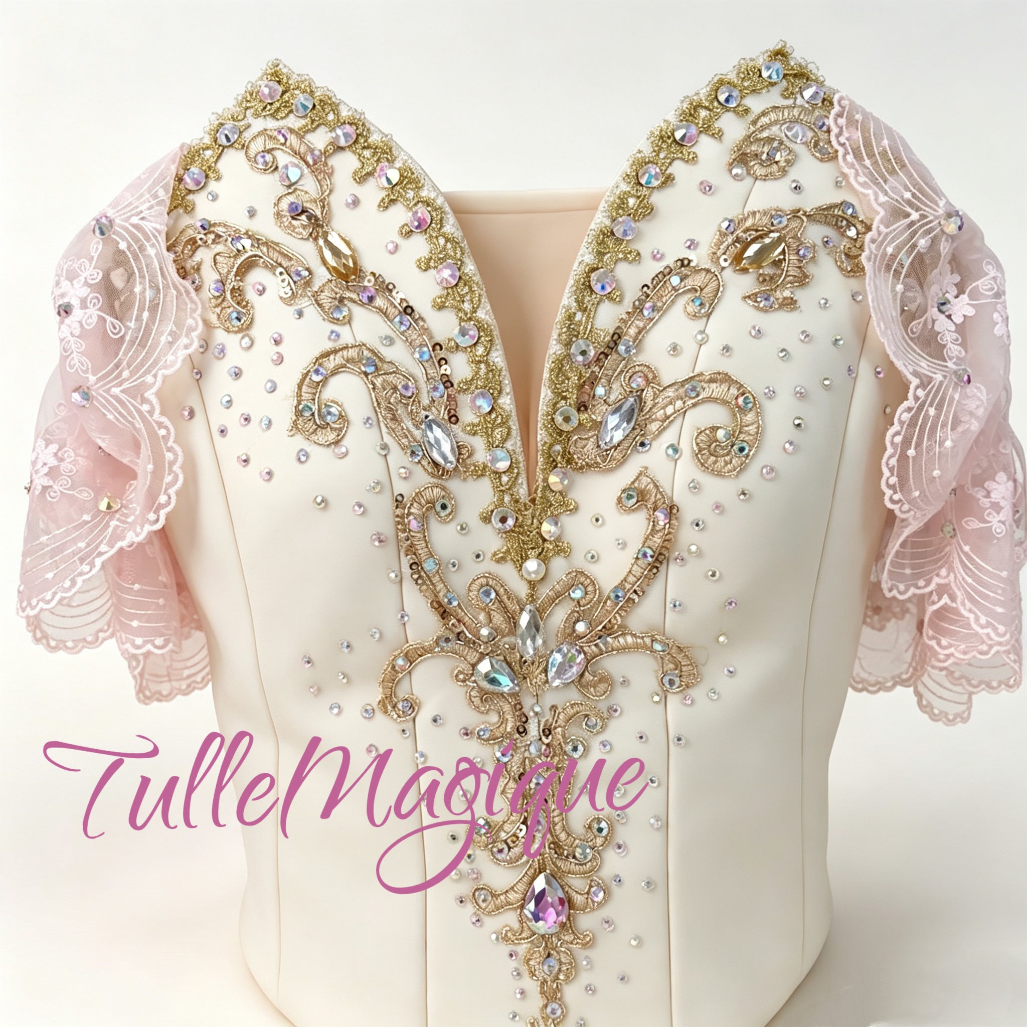 White satin bodice light pink sleeves aurora ballet costume