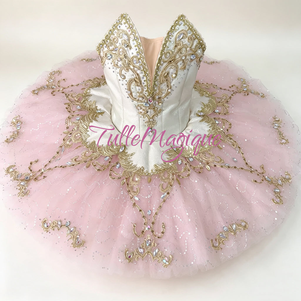 White satin bodice pink tutu gold appliques aurora pink ballet tutu costume