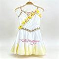 Professional Cupid ballet costume in Yellow to white gradient color with gold trims and 3D flower decoraitons accross the chest wiht hooks and yes closer on the back that fit for use in YAGP