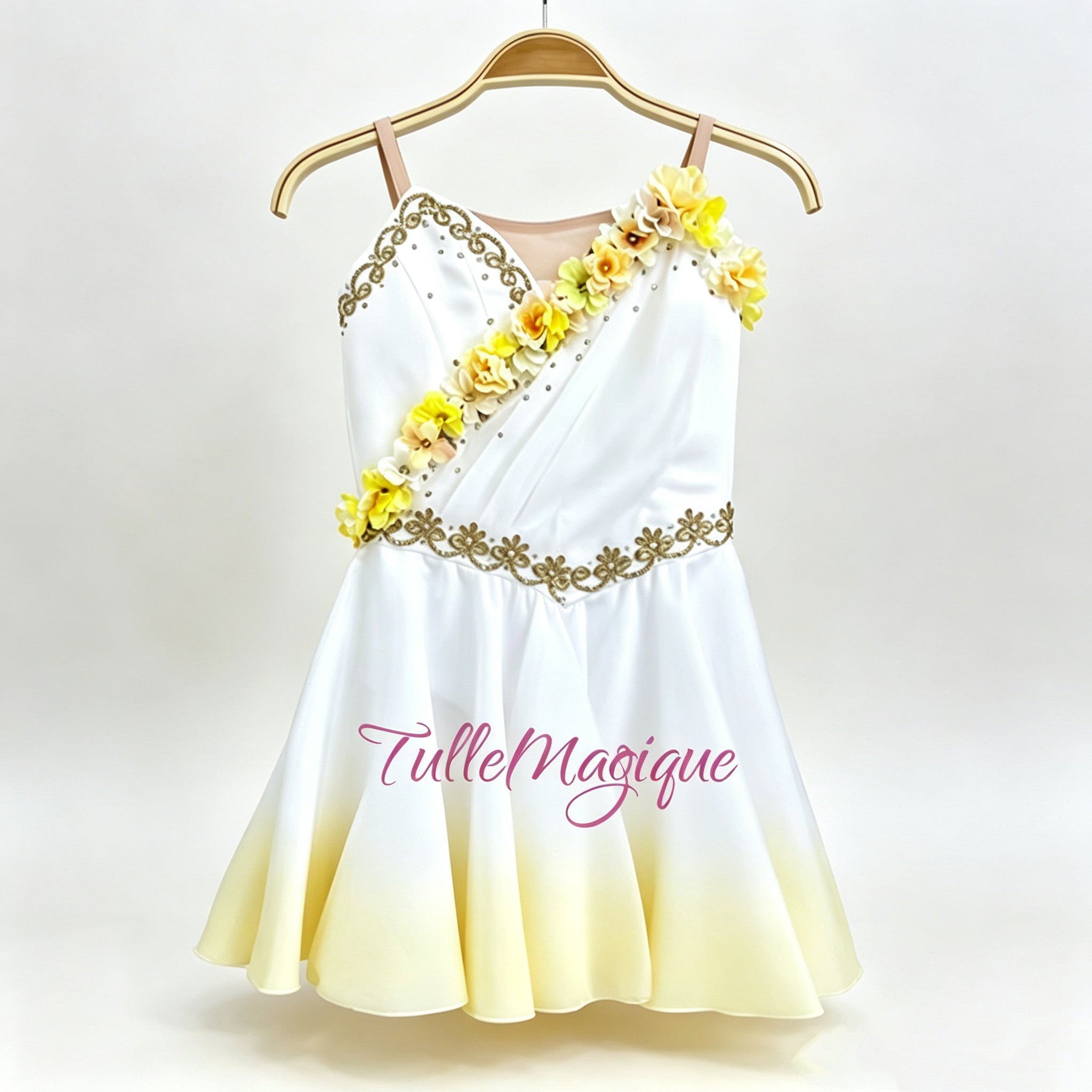 Professional Cupid ballet costume in Yellow to white gradient color with gold trims and 3D flower decoraitons accross the chest wiht hooks and yes closer on the back that fit for use in YAGP