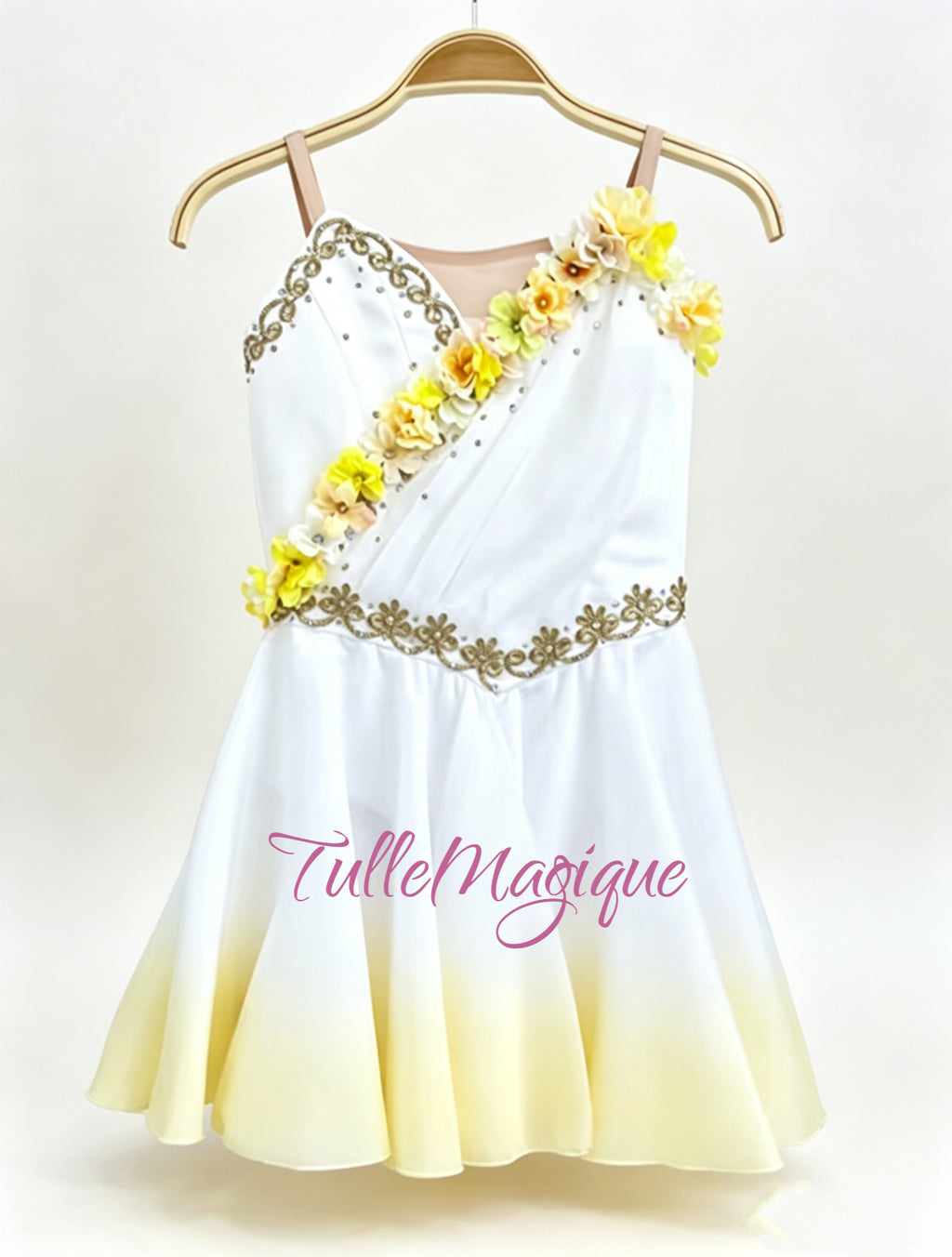 Professional lyrical ballet costume for Cupid or talisman variation in special yellow gradient color with 3D flower decorations crops the chest . 