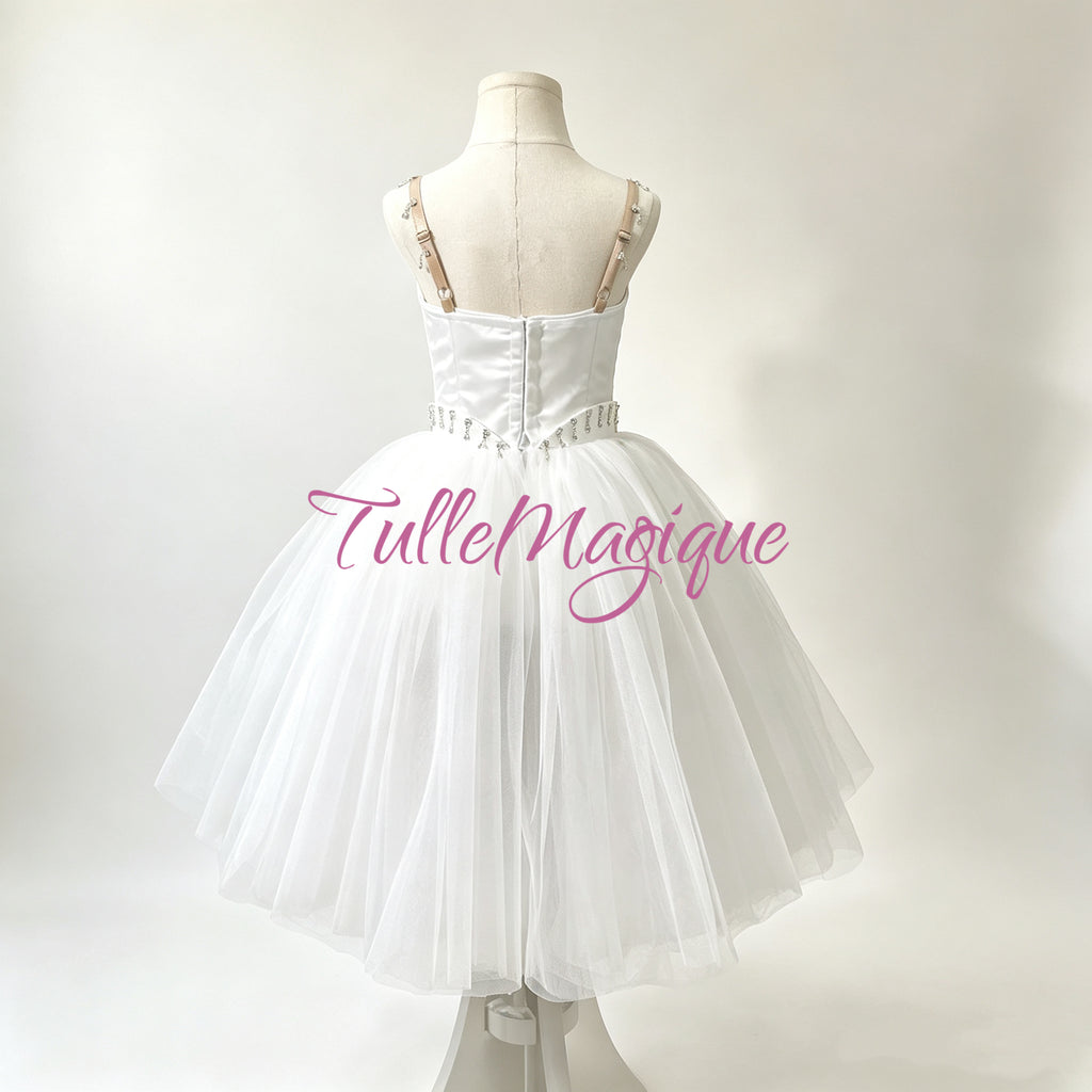 High-end ballet competition costume for Giselle Wilis variation, hand-crafted white romantic ballet dress with crystal trim