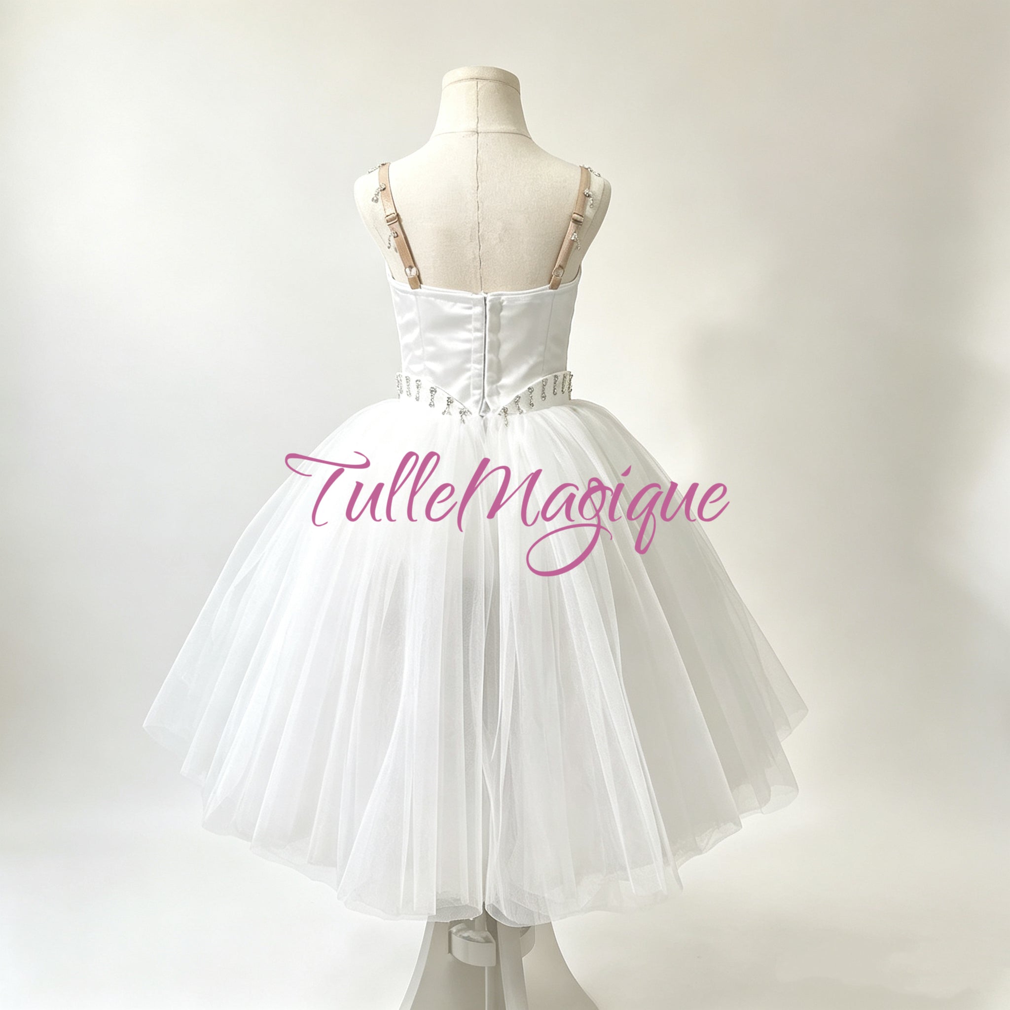 High-end ballet competition costume for Giselle Wilis variation, hand-crafted white romantic ballet dress with crystal trim
