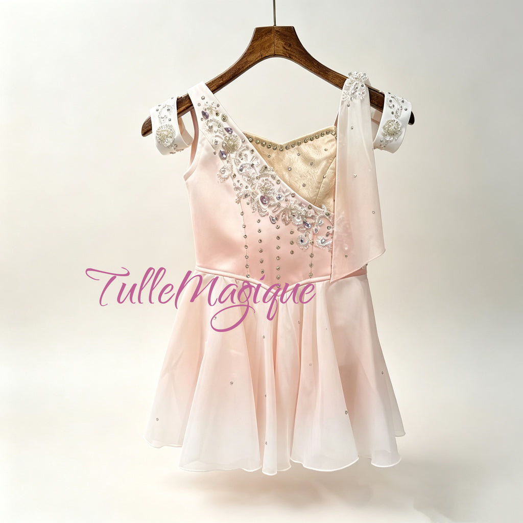 Professional Cupid ballet variation costume featuring a unique asymmetric bodice with peach pink satin and champagne gold brocade, decorated with silver vine