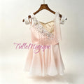 Professional Cupid ballet variation costume featuring a unique asymmetric bodice with peach pink satin and champagne gold brocade, decorated with silver vine