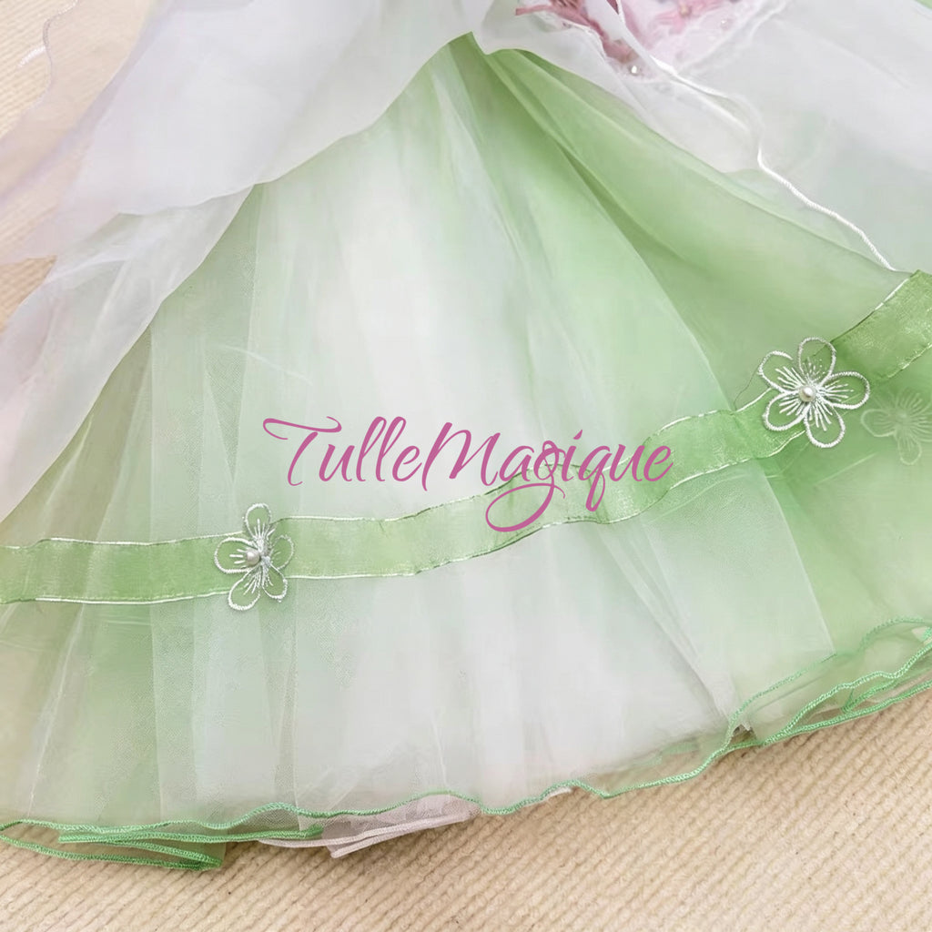 Layered mint green and white romantic tulle ballet skirt with matching white little flowers with pearl for professional dance competitions.