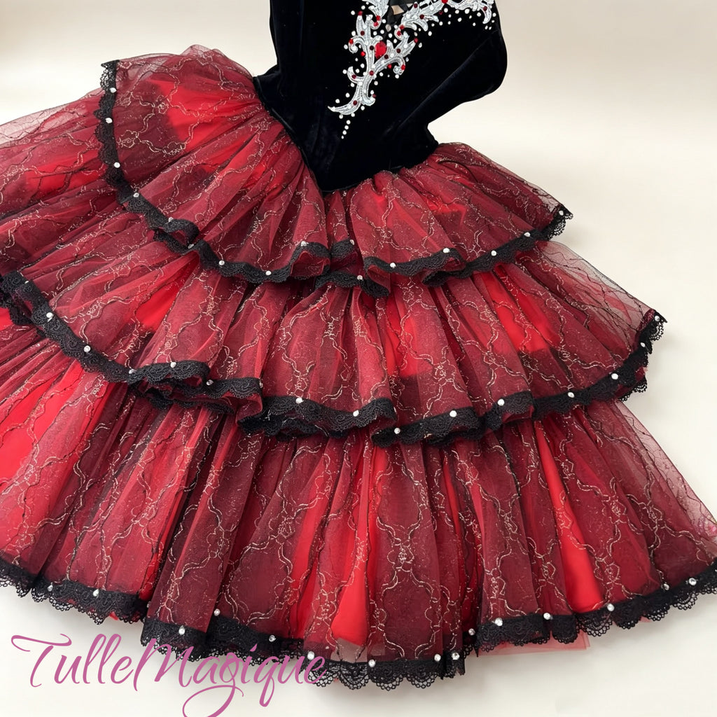 professional competition character ballet dress with silver lace embroidery, ruby rhinestones, and tiered lace edges.