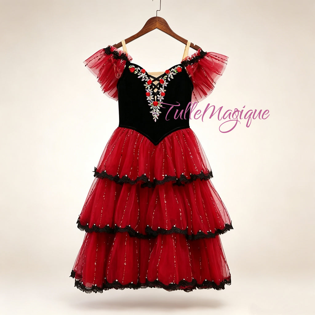 professional competition character ballet dress with criss-cross lattice bodice and romantic red ruffled sleeves, Don Quixote ballet costume for Kitri variation.