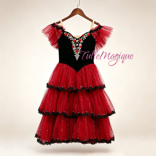 professional competition character ballet dress with criss-cross lattice bodice and romantic red ruffled sleeves, Don Quixote ballet costume for Kitri variation.
