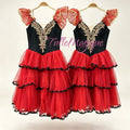 Professional spanish style long romantic tutu for kitri featuring black embodirary bodice with gold appliques and red tulle layered tutu with red shining sequince. 