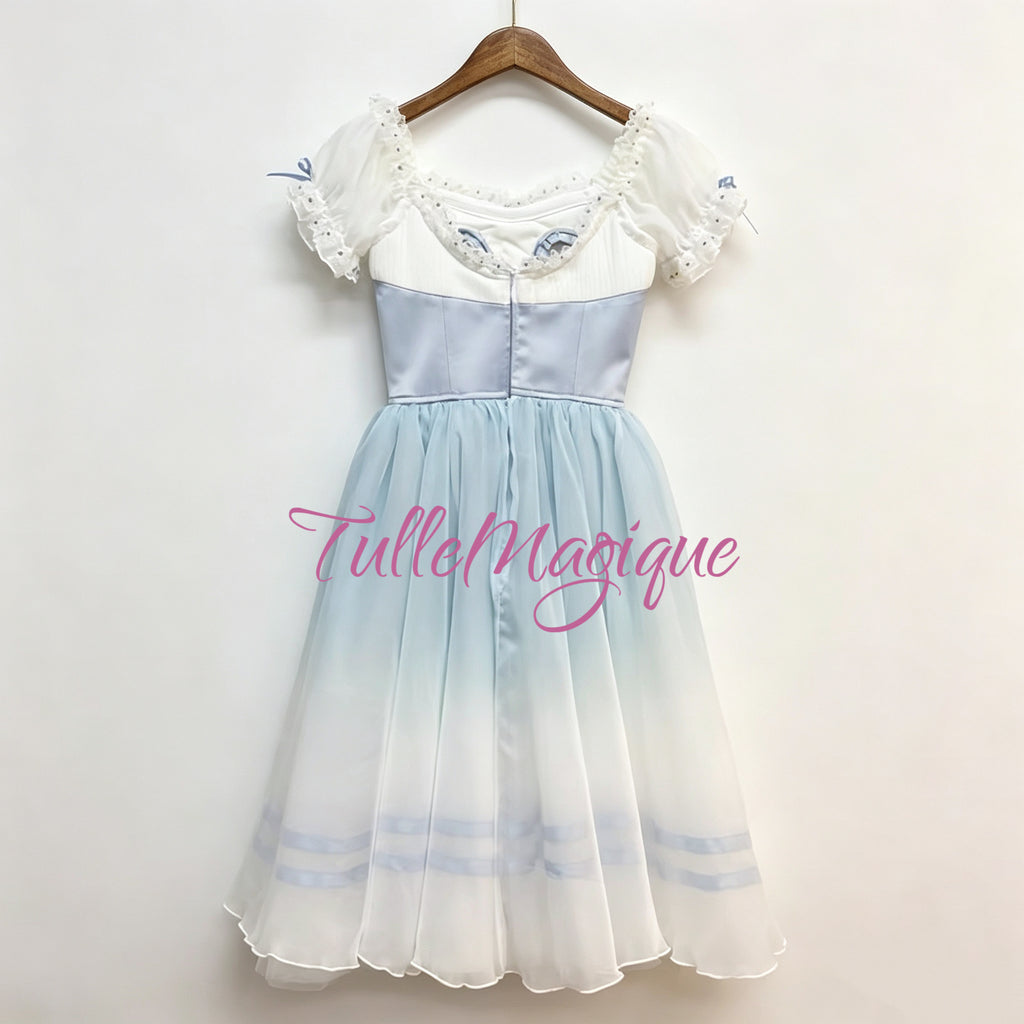 A professional romantic ballet dress with ombre blue flowy long tutu skirt with ribbones and hooks closure on the back. 